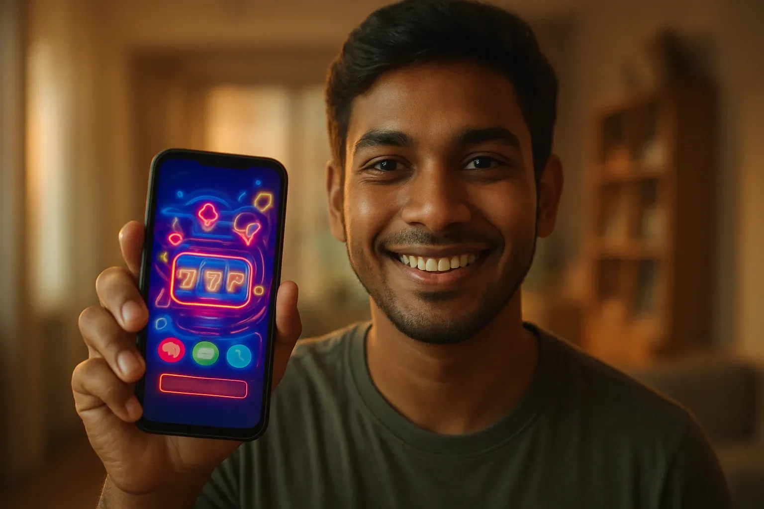 Young Bangladeshi man holding smartphone showing colorful mobile casino app