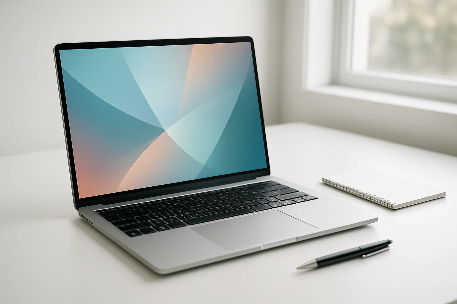 Modern laptop on white desk with abstract glowing screen and notepad