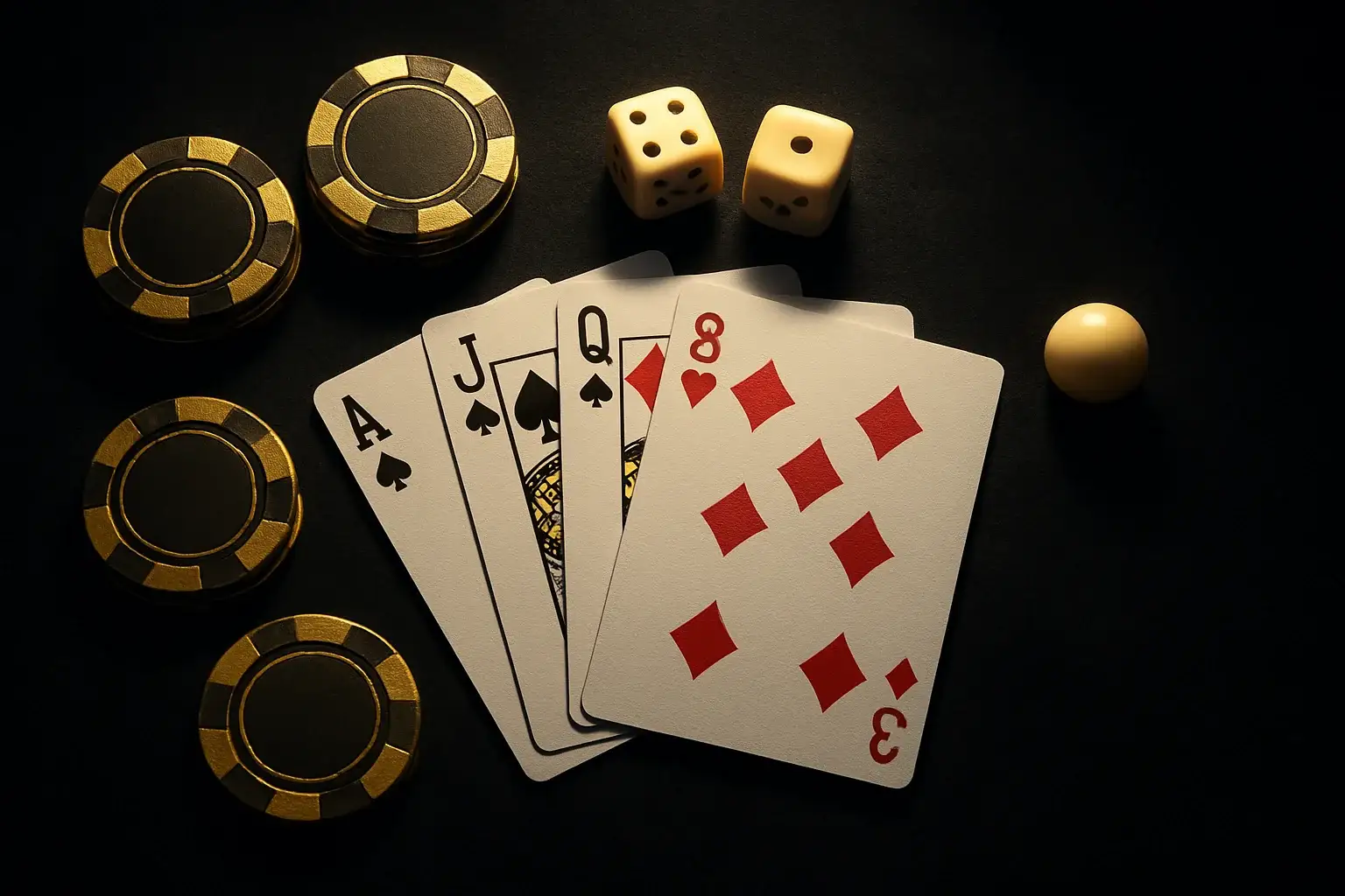 Top-down casino scene with chips, cards, dice, and roulette ball