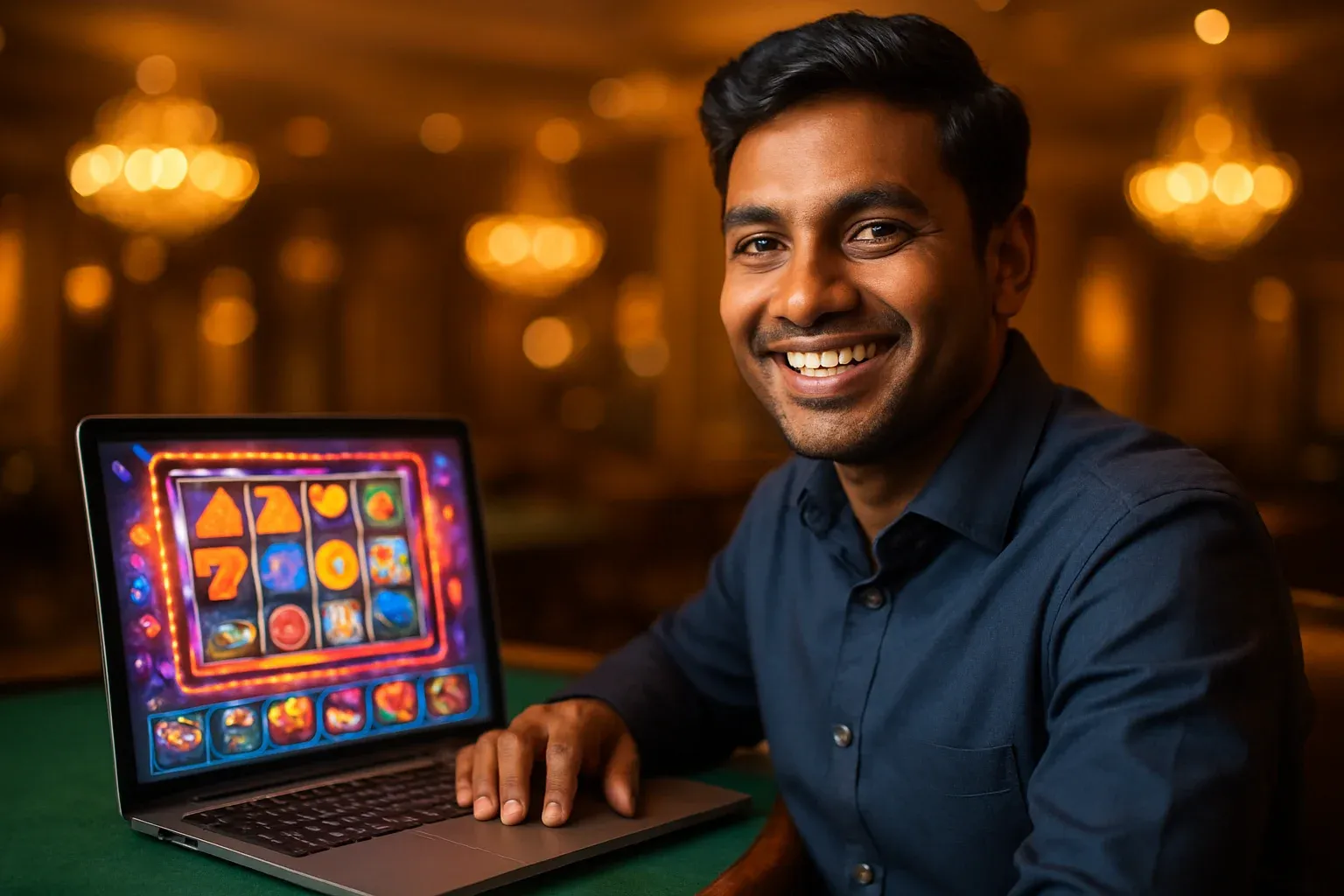 Cheerful Bangladeshi man with open laptop showing colorful casino interface