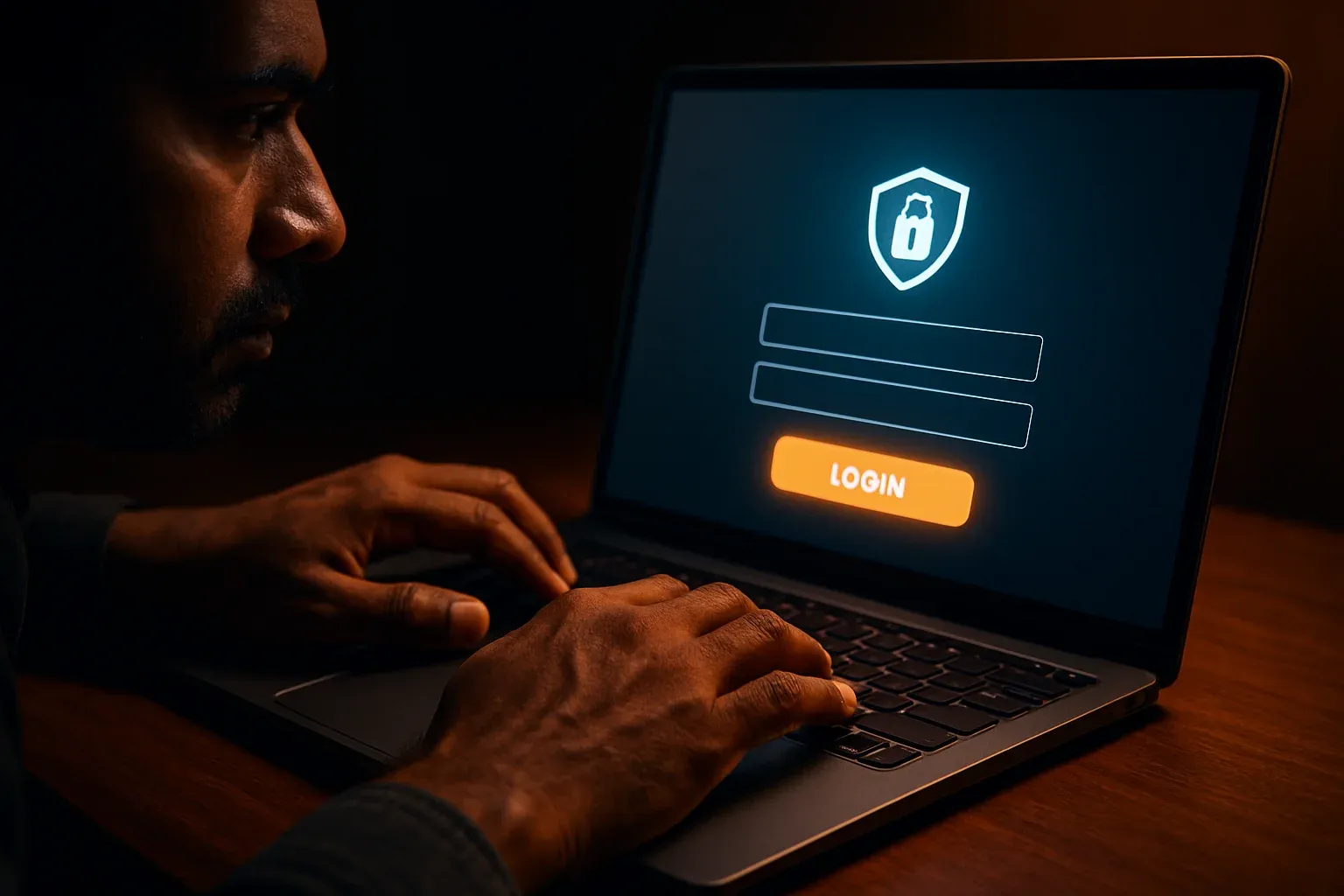 Bangladeshi man's hands on laptop showing stylized login form