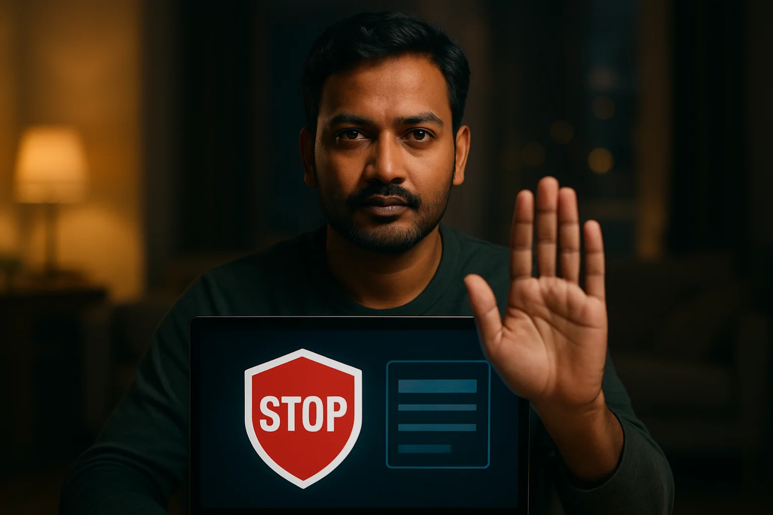 Bangladeshi man shows stop gesture beside laptop with responsible gambling screen