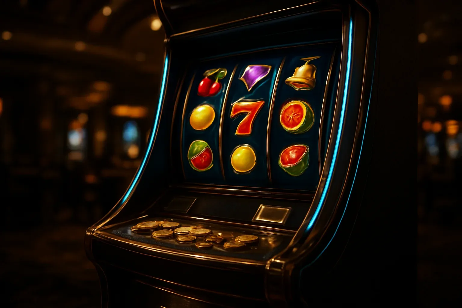 Premium slot machine with three reels in a dark luxury casino